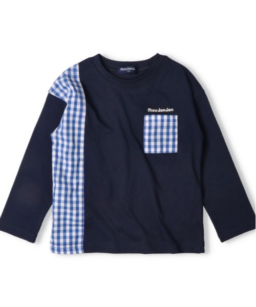 Moujonjon（ムージョンジョン）の「ギンガムチェック配色長袖Tシャツ（Tシャツ/カットソー・キッズ・ネイビー/ホワイト・140/130/120/110/100/90/80）」の2枚目の写真