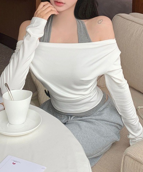 meJane(ミージェーン)の「レイヤード風 ホルターネックオフショルダートップス(Tシャツ/カットソー・レディース・ホワイト系/ブルー系・FREE)」の10枚目の写真