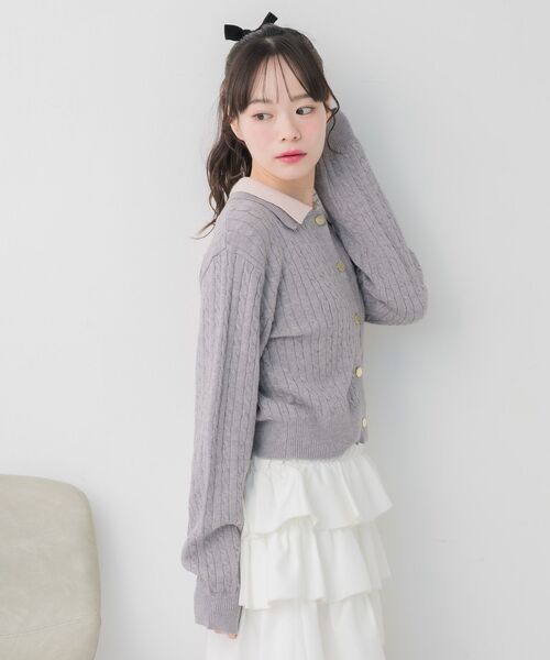 ems excite（エムズエキサイト）の「2枚襟ケーブルカーデ（ニット/セーター・レディース・ダークブルー/ダークグレー/ピンク・FREE）」の19枚目の写真
