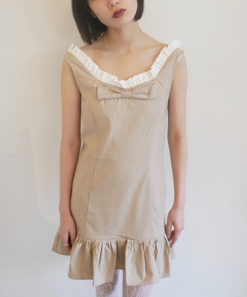 HONEY MI HONEY(ハニーミーハニー)の「pinstripe ribbon mini one-piece(ワンピース・レディース・グレー/ベージュ/ブラック・FREE)」の3枚目の写真