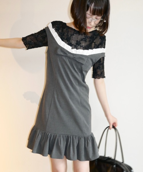 HONEY MI HONEY(ハニーミーハニー)の「pinstripe ribbon mini one-piece(ワンピース・レディース・グレー/ベージュ/ブラック・FREE)」の1枚目の写真