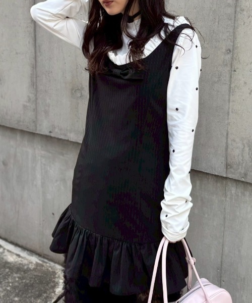 HONEY MI HONEY(ハニーミーハニー)の「pinstripe ribbon mini one-piece(ワンピース・レディース・グレー/ベージュ/ブラック・FREE)」の2枚目の写真