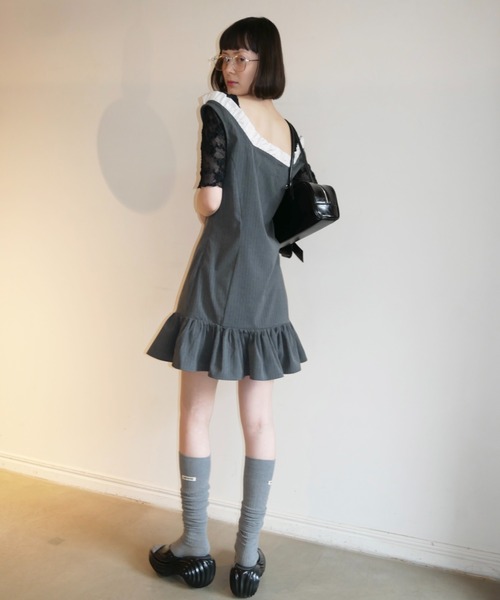 HONEY MI HONEY(ハニーミーハニー)の「pinstripe ribbon mini one-piece(ワンピース・レディース・グレー/ベージュ/ブラック・FREE)」の7枚目の写真