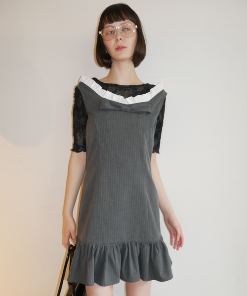 HONEY MI HONEY(ハニーミーハニー)の「pinstripe ribbon mini one-piece(ワンピース・レディース・グレー/ベージュ/ブラック・FREE)」の4枚目の写真