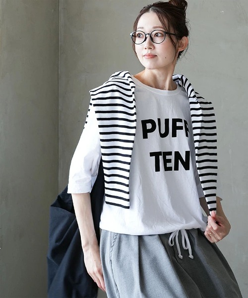 SOLAMONAT(ソラモナ)の「パフ天竺 裾ヒモ5分袖プルオーバー プリント(PUFF TEN)(Tシャツ/カットソー・レディース・ライトブルー/ライトピンク/ホワイト×ブラック/ブラック/ホワイト×ピンク/杢グレー/ホワイト×グレー/キナリ・FREE)」の1枚目の写真