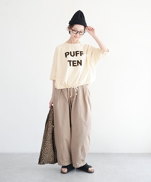 SOLAMONAT(ソラモナ)の「パフ天竺 裾ヒモ5分袖プルオーバー プリント(PUFF TEN)(Tシャツ/カットソー・レディース・ライトブルー/ライトピンク/ホワイト×ブラック/ブラック/ホワイト×ピンク/杢グレー/ホワイト×グレー/キナリ・FREE)」の9枚目の写真