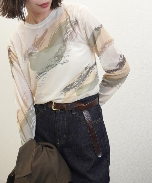 gossara(ゴサラ)の「【着るだけで旬顔】ペイント柄パワーメッシュプルオーバー(Tシャツ/カットソー・レディース・アイボリー系/スミクロ/グレイッシュベージュ・FREE)」の1枚目の写真