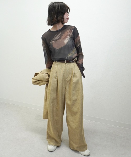 gossara(ゴサラ)の「【着るだけで旬顔】ペイント柄パワーメッシュプルオーバー(Tシャツ/カットソー・レディース・アイボリー系/スミクロ/グレイッシュベージュ・FREE)」の10枚目の写真