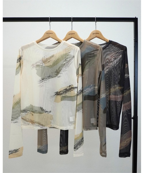 gossara(ゴサラ)の「【着るだけで旬顔】ペイント柄パワーメッシュプルオーバー(Tシャツ/カットソー・レディース・アイボリー系/スミクロ/グレイッシュベージュ・FREE)」の22枚目の写真