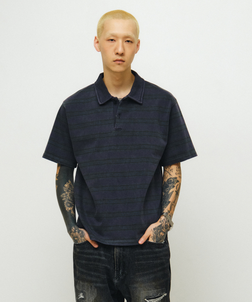 Vtg Dyed Stripe 1/2 Polo Shirt (vtg purple)