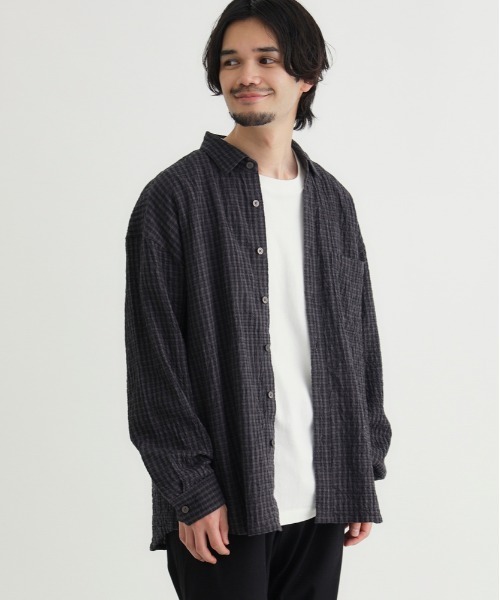 BACK NUMBER（バックナンバー）の「【BACK NUMBER】サッカーチェック長袖シャツ (速乾 / 旅行・出張 / オフィスカジュアル)（シャツ/ブラウス・メンズ・キナリ/ブルー/ブラック・M/L/XL/S）」の3枚目の写真