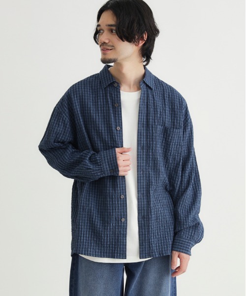 BACK NUMBER（バックナンバー）の「【BACK NUMBER】サッカーチェック長袖シャツ (速乾 / 旅行・出張 / オフィスカジュアル)（シャツ/ブラウス・メンズ・キナリ/ブルー/ブラック・M/L/XL/S）」の5枚目の写真