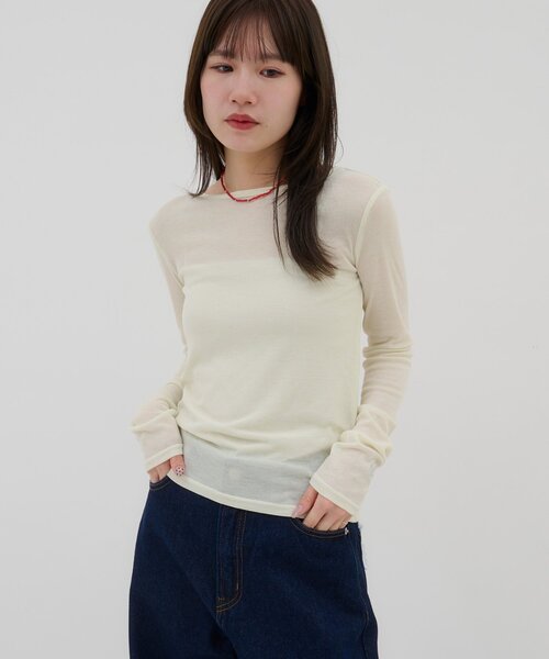 DISCOAT(ディスコート)の「【umm.】ビジューリブシアーTシャツ(Tシャツ/カットソー・レディース・サックスブルー/アイボリー/ベビーピンク・FREE)」の4枚目の写真