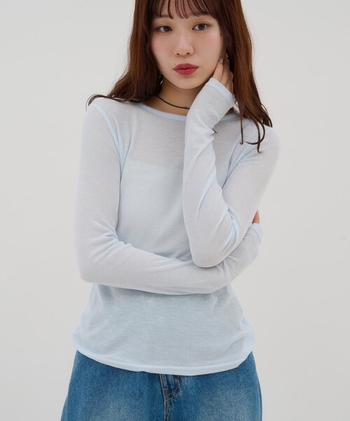 DISCOAT(ディスコート)の「【umm.】ビジューリブシアーTシャツ(Tシャツ/カットソー・レディース・サックスブルー/アイボリー/ベビーピンク・FREE)」の12枚目の写真