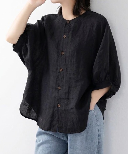 mielu(ミエル)の「リネンライク半袖ブラウス(シャツ/ブラウス・レディース・ブラック/ホワイト/イエロー・LARGE/MEDIUM)」の1枚目の写真