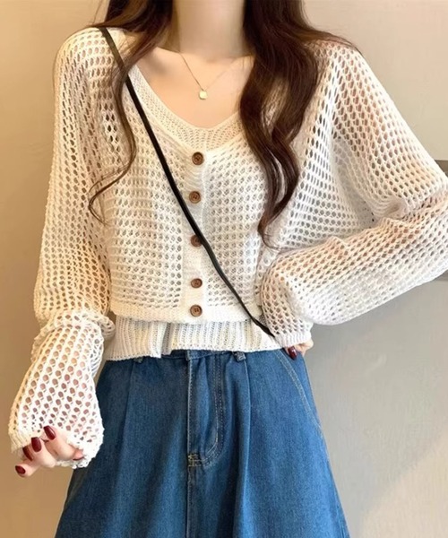 Girly Doll（ガーリードール）の「メッシュニットカーディガン&ニットキャミソール 2点セット（ニット/セーター・レディース・ブラック/ライトグレー/ホワイト/モカ・FREE）」の2枚目の写真