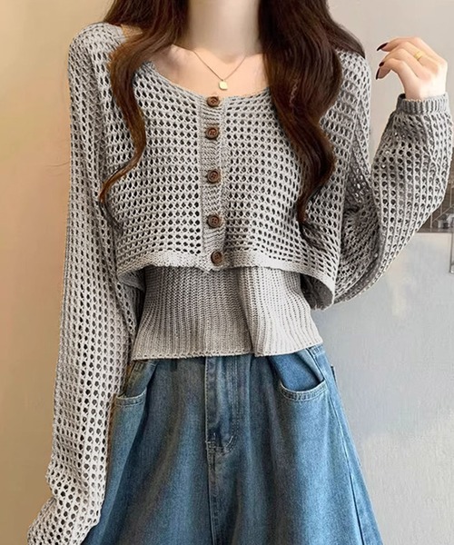 Girly Doll（ガーリードール）の「メッシュニットカーディガン&ニットキャミソール 2点セット（ニット/セーター・レディース・ブラック/ライトグレー/ホワイト/モカ・FREE）」の3枚目の写真