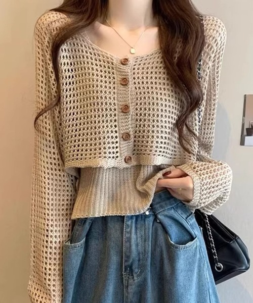 Girly Doll（ガーリードール）の「メッシュニットカーディガン&ニットキャミソール 2点セット（ニット/セーター・レディース・ブラック/ライトグレー/ホワイト/モカ・FREE）」の4枚目の写真