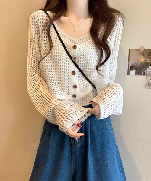 Girly Doll（ガーリードール）の「メッシュニットカーディガン&ニットキャミソール 2点セット（ニット/セーター・レディース・ブラック/ライトグレー/ホワイト/モカ・FREE）」の5枚目の写真