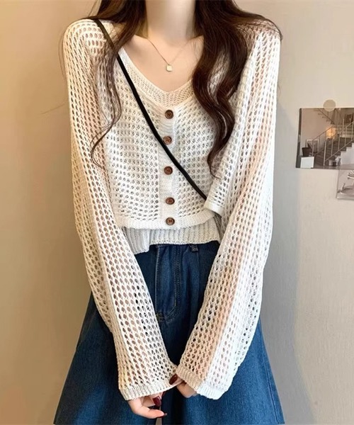 Girly Doll（ガーリードール）の「メッシュニットカーディガン&ニットキャミソール 2点セット（ニット/セーター・レディース・ブラック/ライトグレー/ホワイト/モカ・FREE）」の6枚目の写真