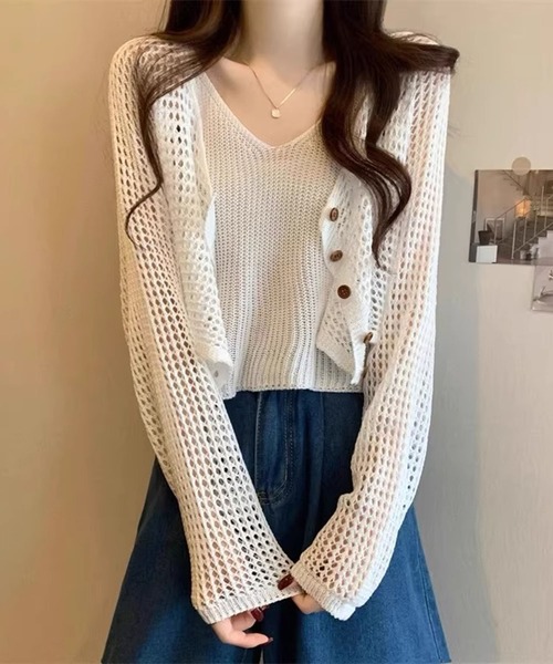 Girly Doll（ガーリードール）の「メッシュニットカーディガン&ニットキャミソール 2点セット（ニット/セーター・レディース・ブラック/ライトグレー/ホワイト/モカ・FREE）」の8枚目の写真