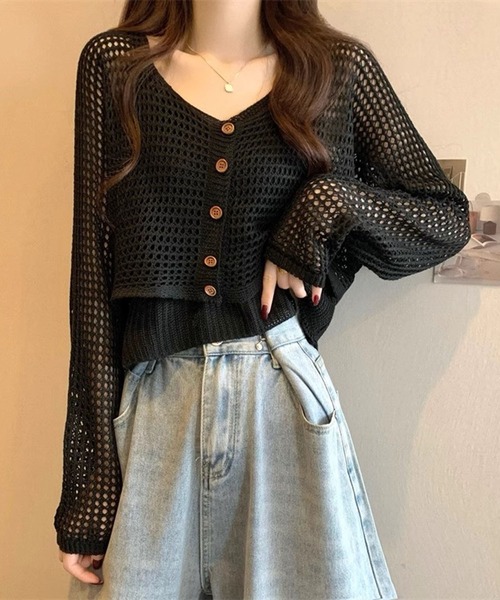 Girly Doll（ガーリードール）の「メッシュニットカーディガン&ニットキャミソール 2点セット（ニット/セーター・レディース・ブラック/ライトグレー/ホワイト/モカ・FREE）」の11枚目の写真