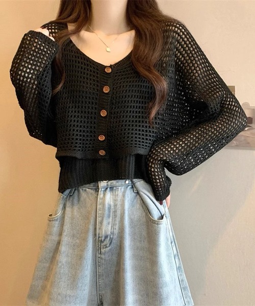Girly Doll（ガーリードール）の「メッシュニットカーディガン&ニットキャミソール 2点セット（ニット/セーター・レディース・ブラック/ライトグレー/ホワイト/モカ・FREE）」の12枚目の写真