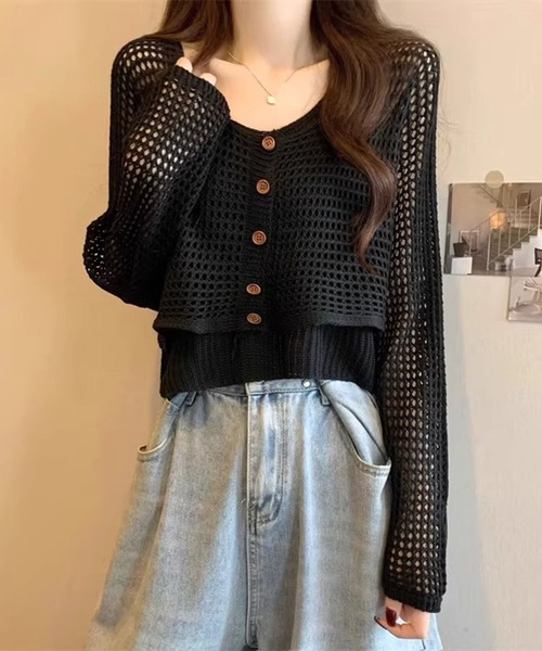 Girly Doll（ガーリードール）の「メッシュニットカーディガン&ニットキャミソール 2点セット（ニット/セーター・レディース・ブラック/ライトグレー/ホワイト/モカ・FREE）」の13枚目の写真