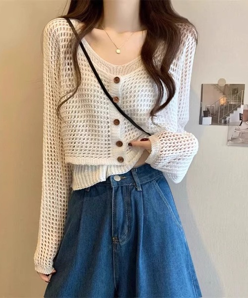 Girly Doll（ガーリードール）の「メッシュニットカーディガン&ニットキャミソール 2点セット（ニット/セーター・レディース・ブラック/ライトグレー/ホワイト/モカ・FREE）」の7枚目の写真