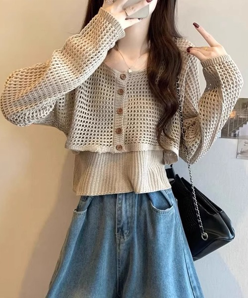Girly Doll（ガーリードール）の「メッシュニットカーディガン&ニットキャミソール 2点セット（ニット/セーター・レディース・ブラック/ライトグレー/ホワイト/モカ・FREE）」の14枚目の写真