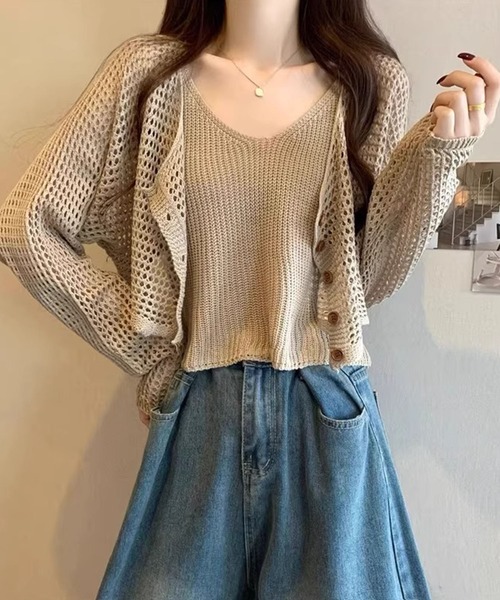 Girly Doll（ガーリードール）の「メッシュニットカーディガン&ニットキャミソール 2点セット（ニット/セーター・レディース・ブラック/ライトグレー/ホワイト/モカ・FREE）」の15枚目の写真