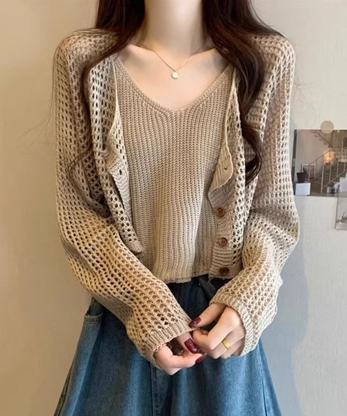 Girly Doll（ガーリードール）の「メッシュニットカーディガン&ニットキャミソール 2点セット（ニット/セーター・レディース・ブラック/ライトグレー/ホワイト/モカ・FREE）」の17枚目の写真