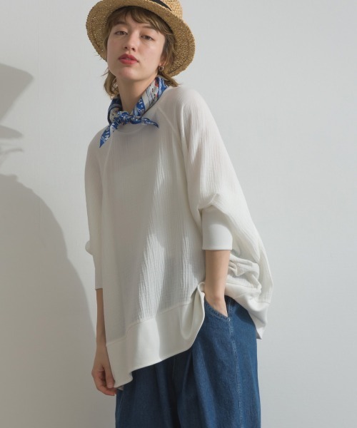 OMNES(オムネス)の「ダブルガーゼリブ切替ラグランプルオーバー長袖シャツ(Tシャツ/カットソー・レディース・ブラック/アイボリー/ブルー/ベージュ・FREE)」の7枚目の写真