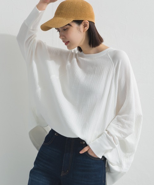 OMNES(オムネス)の「ダブルガーゼリブ切替ラグランプルオーバー長袖シャツ(Tシャツ/カットソー・レディース・ブラック/アイボリー/ブルー/ベージュ・FREE)」の8枚目の写真