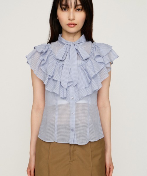 SLY(スライ)の「FRILL RIBBON BLOUSE フリルリボンブラウス 夏服(シャツ/ブラウス・レディース・ブラック/ライトパープル/ベージュ系その他/ブラック系その他2・FREE)」の4枚目の写真