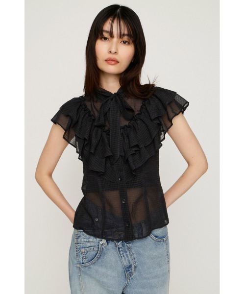 SLY(スライ)の「FRILL RIBBON BLOUSE フリルリボンブラウス 夏服(シャツ/ブラウス・レディース・ブラック/ライトパープル/ベージュ系その他/ブラック系その他2・FREE)」の5枚目の写真