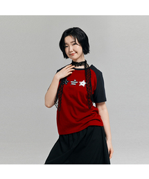 Y2Kスターモチーフ配色半袖Tシャツワイン