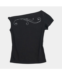 ビーズポイントアシンメトリーワンオフショルダーボートネック半袖ウィメンズTシャツ[ブラック]