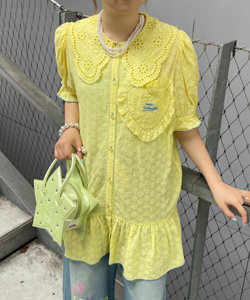 HELLO.SANFRANCISCO(ハローサンフランシスコ)の「【HELLO.SANFRANCISCO】フリルレースチュニック半袖ブラウス(シャツ/ブラウス・レディース・ホワイト/イエロー/ピンク・ONE SIZE)」の3枚目の写真