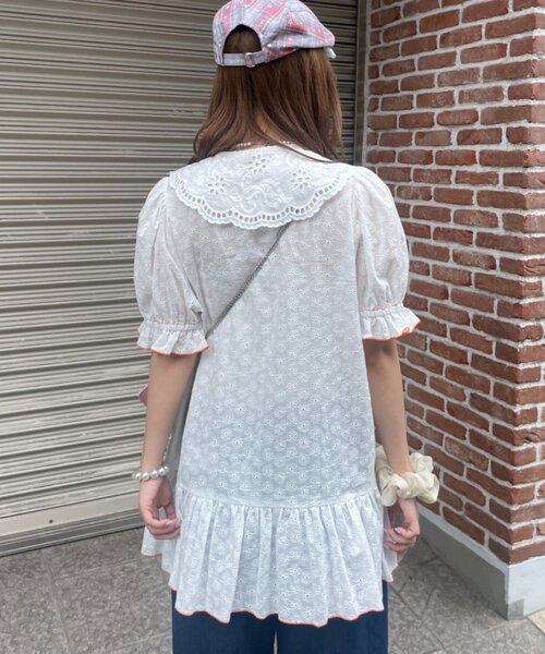 HELLO.SANFRANCISCO(ハローサンフランシスコ)の「【HELLO.SANFRANCISCO】フリルレースチュニック半袖ブラウス(シャツ/ブラウス・レディース・ホワイト/イエロー/ピンク・ONE SIZE)」の7枚目の写真