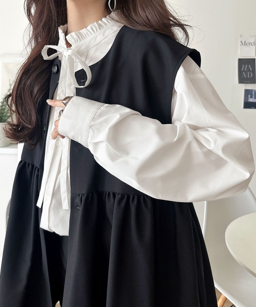 classicalelf(クラシカルエルフ)の「【防シワ機能付き】華やかフリルで印象チェンジ。前後2WAYで楽しむ、襟フリルリボンシャツ(長袖)(シャツ/ブラウス・レディース・オフホワイト/ブラウン系1/イエロー系1/チャコール・LARGE/MEDIUM/SMALL/X-LARGE)」の14枚目の写真