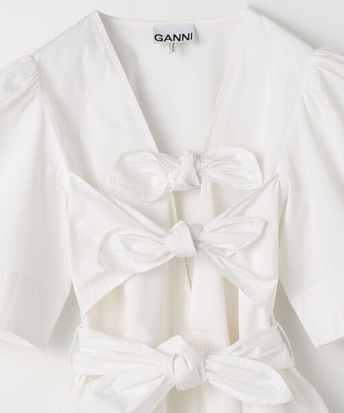 GANNI(ガニー)の「GANNI/ガニー Washed Stretch Cotton Tie Strap / W0306 / パフスリーブ 深Vネック ロングワンピース / リボン(ワンピース・レディース・オフホワイト・36)」の3枚目の写真