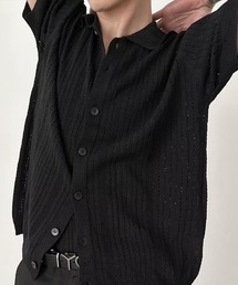 透かし編みポロ襟半袖ニットシャツ