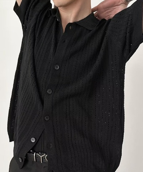Ritzy(リッツィー)の「透かし編みポロ襟半袖ニットシャツ(Tシャツ/カットソー・レディース・ベージュ/ブラック・L/M)」の2枚目の写真