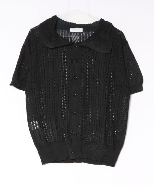 Ritzy(リッツィー)の「透かし編みポロ襟半袖ニットシャツ(Tシャツ/カットソー・レディース・ベージュ/ブラック・L/M)」の10枚目の写真
