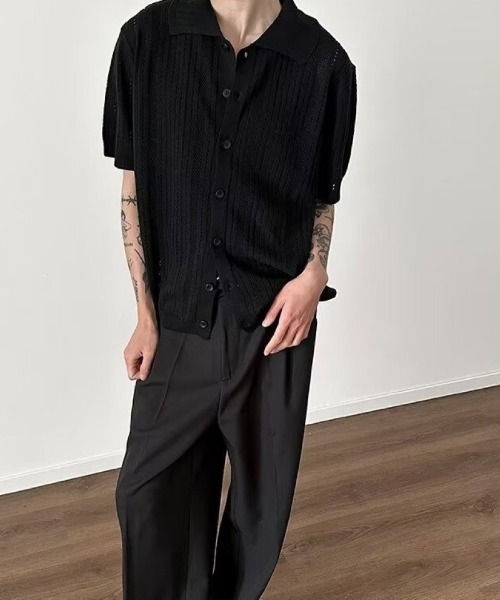 Ritzy(リッツィー)の「透かし編みポロ襟半袖ニットシャツ(Tシャツ/カットソー・レディース・ベージュ/ブラック・L/M)」の3枚目の写真