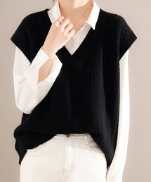 ケーブル編みVネック ニットベスト オフィスカジュアル きれいめカジュアル レディース重ね着韓国風