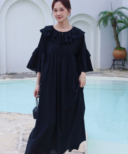 BIRTHDAY BASH(バースデイバッシュ)の「FRILL KAFTAN DRESS(フリルカフタンドレス)(ワンピース・レディース・ブラック/アイボリー・FREE)」の22枚目の写真