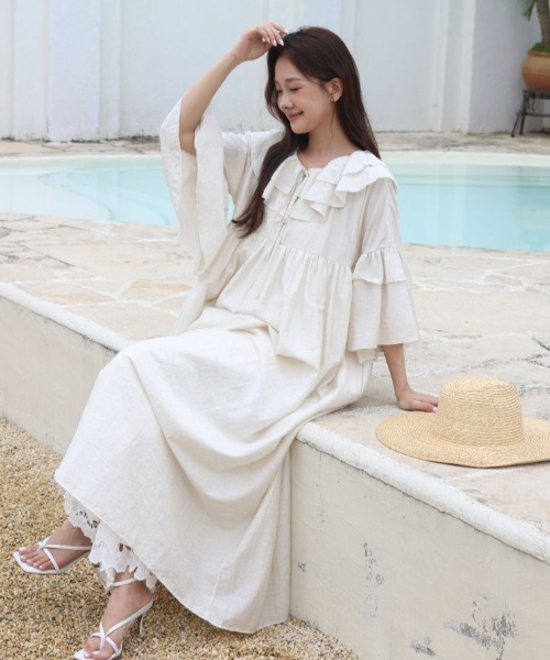 BIRTHDAY BASH(バースデイバッシュ)の「FRILL KAFTAN DRESS(フリルカフタンドレス)(ワンピース・レディース・ブラック/アイボリー・FREE)」の4枚目の写真