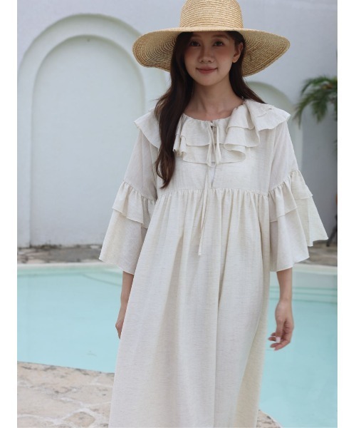 BIRTHDAY BASH(バースデイバッシュ)の「FRILL KAFTAN DRESS(フリルカフタンドレス)(ワンピース・レディース・ブラック/アイボリー・FREE)」の10枚目の写真